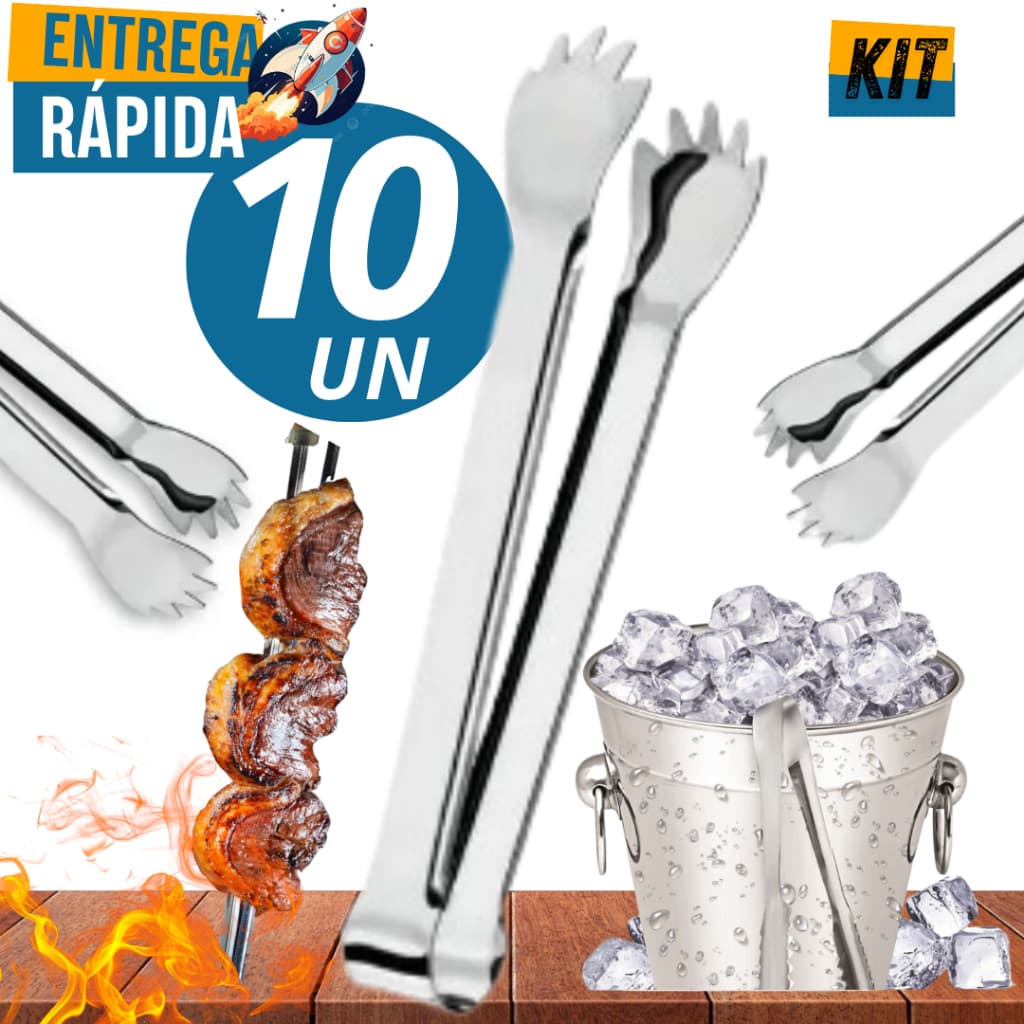 Kit Conjunto Jogo 10 Pegador de Gelo Carne Garfo Bar Churrasco Drinks em Inox 10 peças