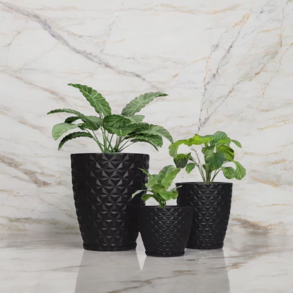 Kit 3 Vasos Para Plantas Decorativo Para Sala Jardim De Polietileno Coluna Diamante N1/2/3 C/Prato