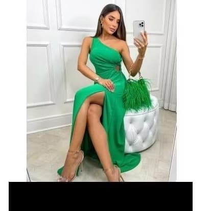 PROMOÇÃO Vestido Tecido Duna de um Ombro só com Detalhes Elegância Fenda Lateral Recorte na Cintura Tendência