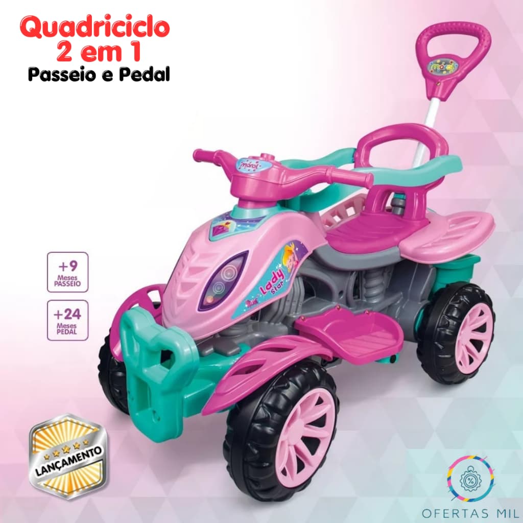 Carrinho De Passeio 2 em 1 Infantil e Pedal Quadriciclo Motinha Velotrol Motoca Brinquedo Andador