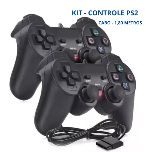 Kit 2 Controle Ps2 Analógico  com cabo de 1,80 metros