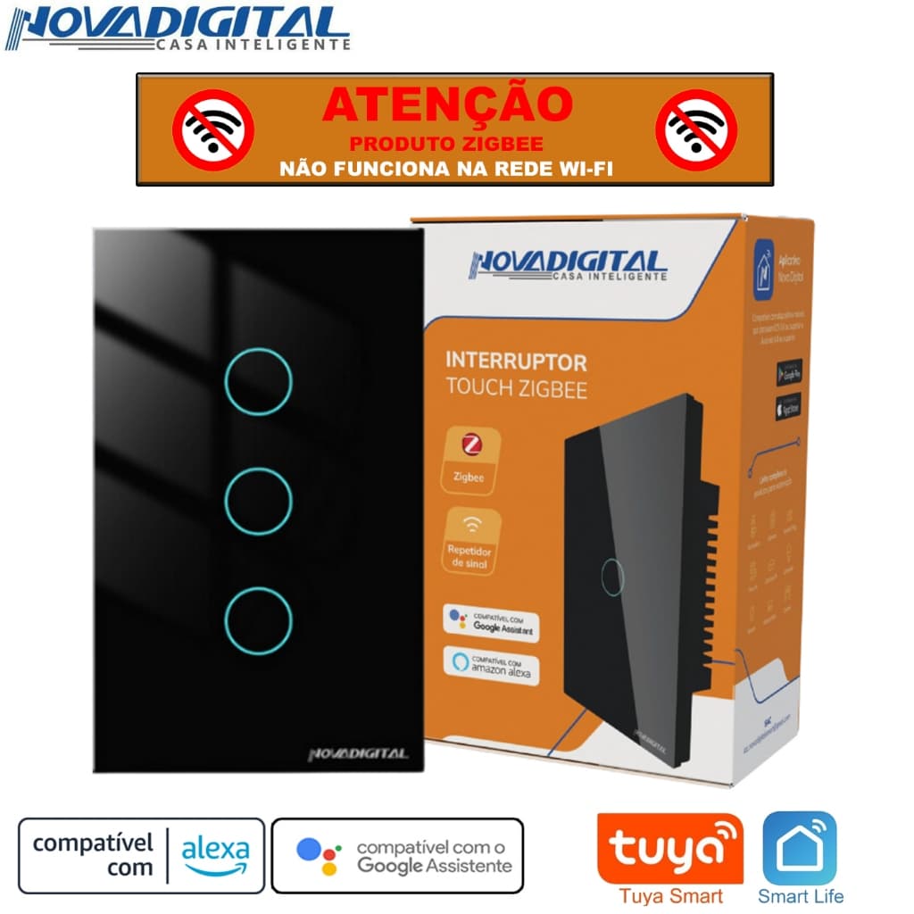 Interruptor Inteligente Zigbee Nova Digital Tuya de 3 Botões Preto > NÃO É WI-FI <