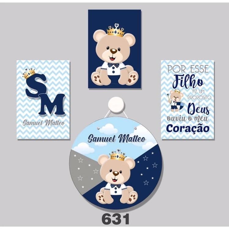 Quadro Decorativo Ursinho Coroa Nome Personalizado Por esse Filho