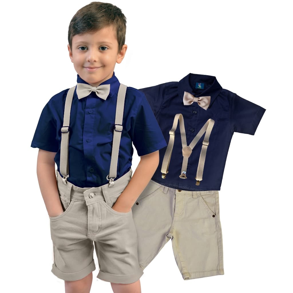 Conjunto Manga Curta E Bermuda Azul Marinho E Bege Verão Batizado Apresentação