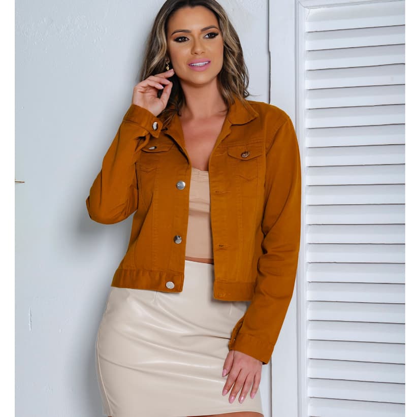 Jaqueta jeans moda feminina/Caramelo tem cor especial e estilo moderno