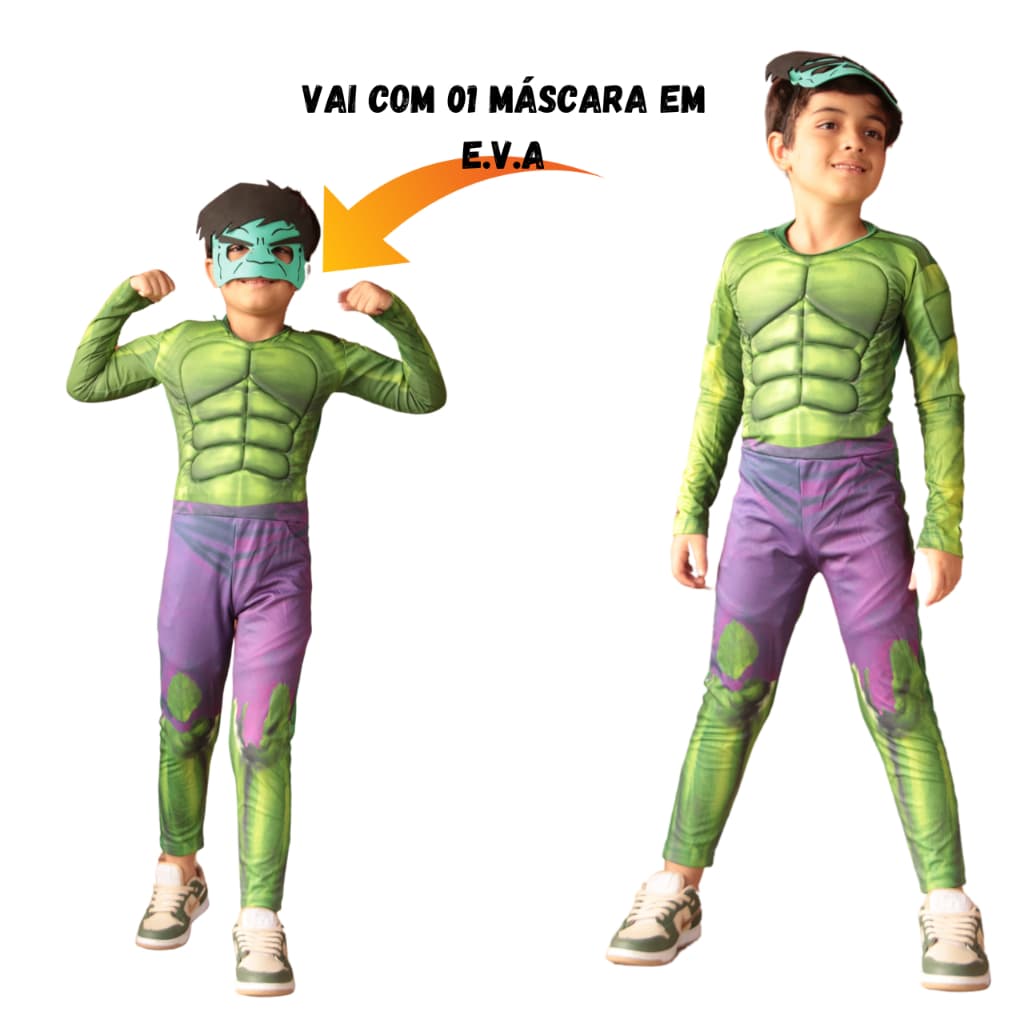 Fantasia Hulk Infantil Músculos com Enchimento Longo Luxo Glamour Com Envio Rápido