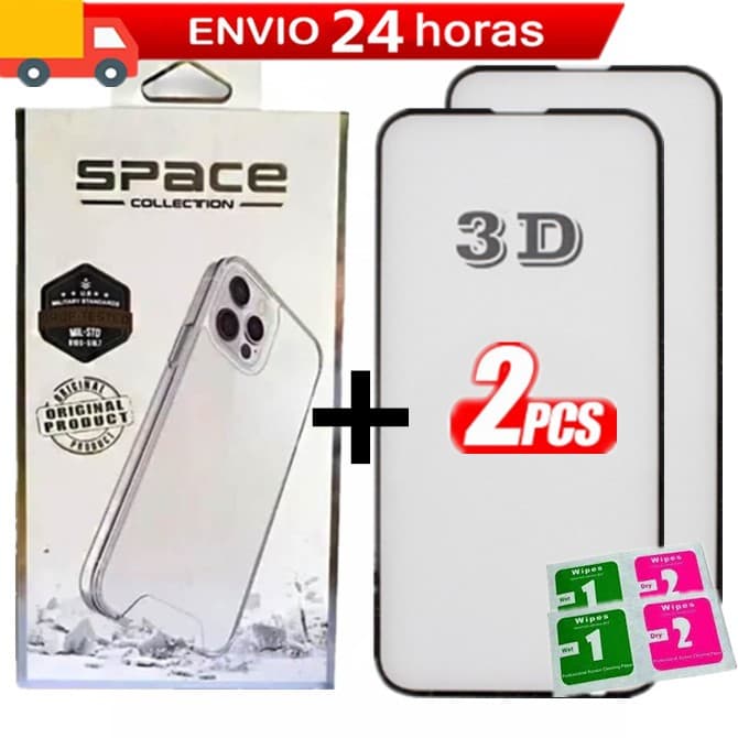 Kit Capa Capinha Space Transparente Anti Impacto + 2 Peliculas 3D Para iPhones X XR XSMAX 11 12 13 14 15 16 ProMax