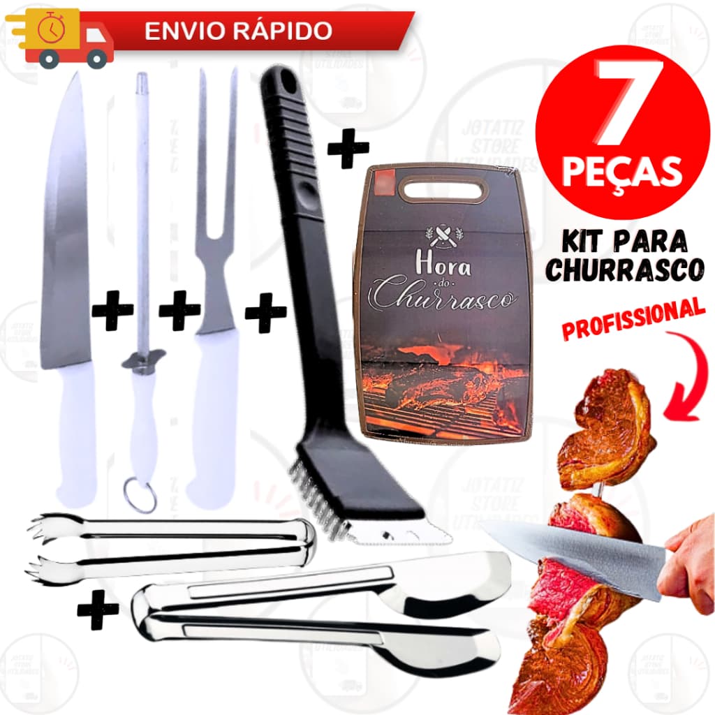 Jogo 7 Peças Kit Churrasco Completo Top1 Faca Garfo Trinchante Chaira Amolador Pegadores Escova Limpa Grelha Tábua