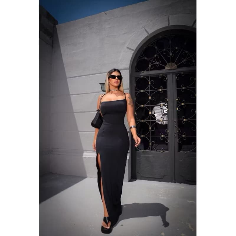 Vestido Colado Longo Suplex com Fenda Costas Nuas Trançadas Elegante Premium