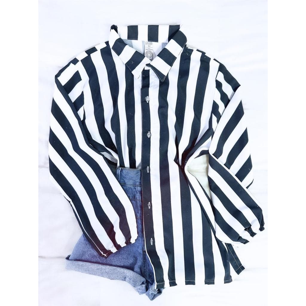 Camisa Blusa Social de Botão Casual Feminina Manga Longa Listrada