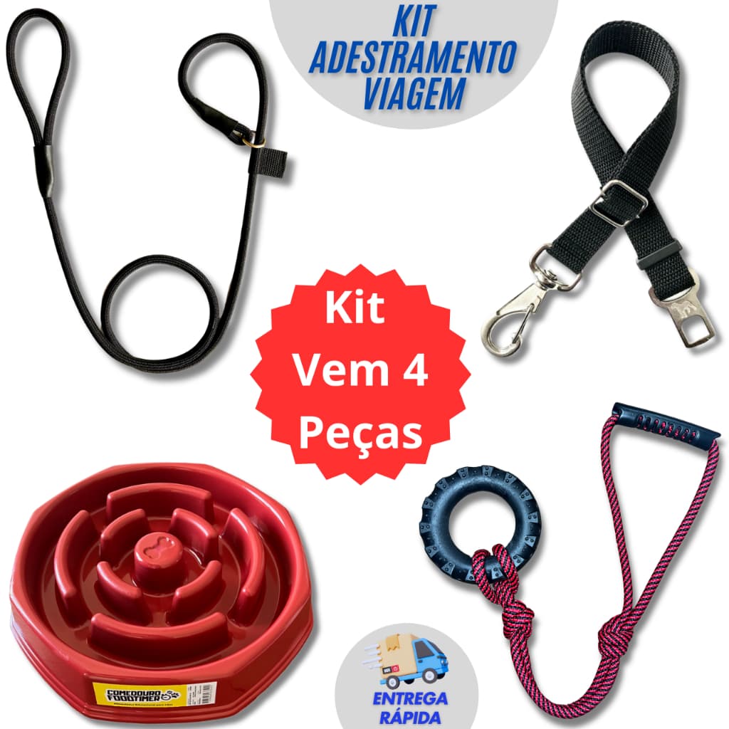 Kit Adestramento Viagem guia unificada + cinto pet + brinquedo puxador + comedouro educativo