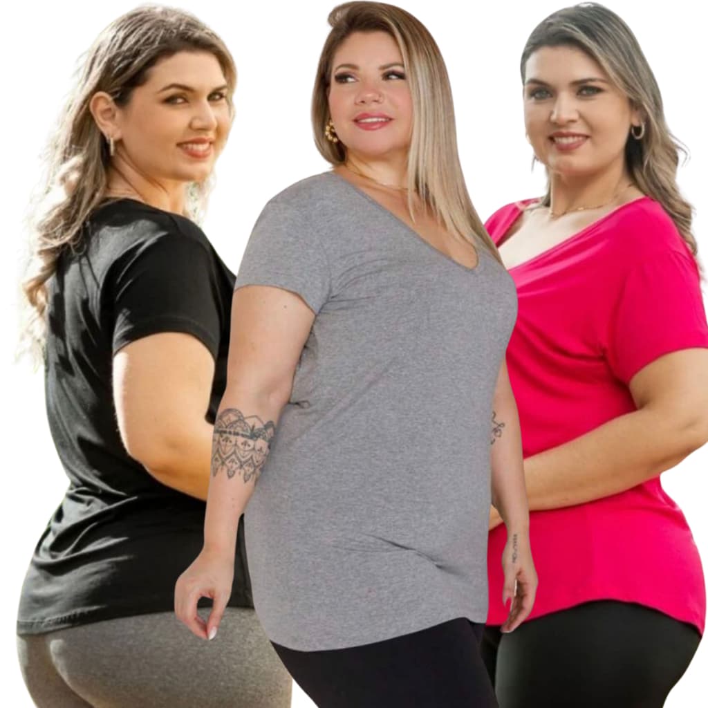 Kit 2 T Shirt Feminina Plus Size Viscolycra Decote Gola V Feminino Do G1 ao G3 Blusinha Academia Fitness Moda Básica