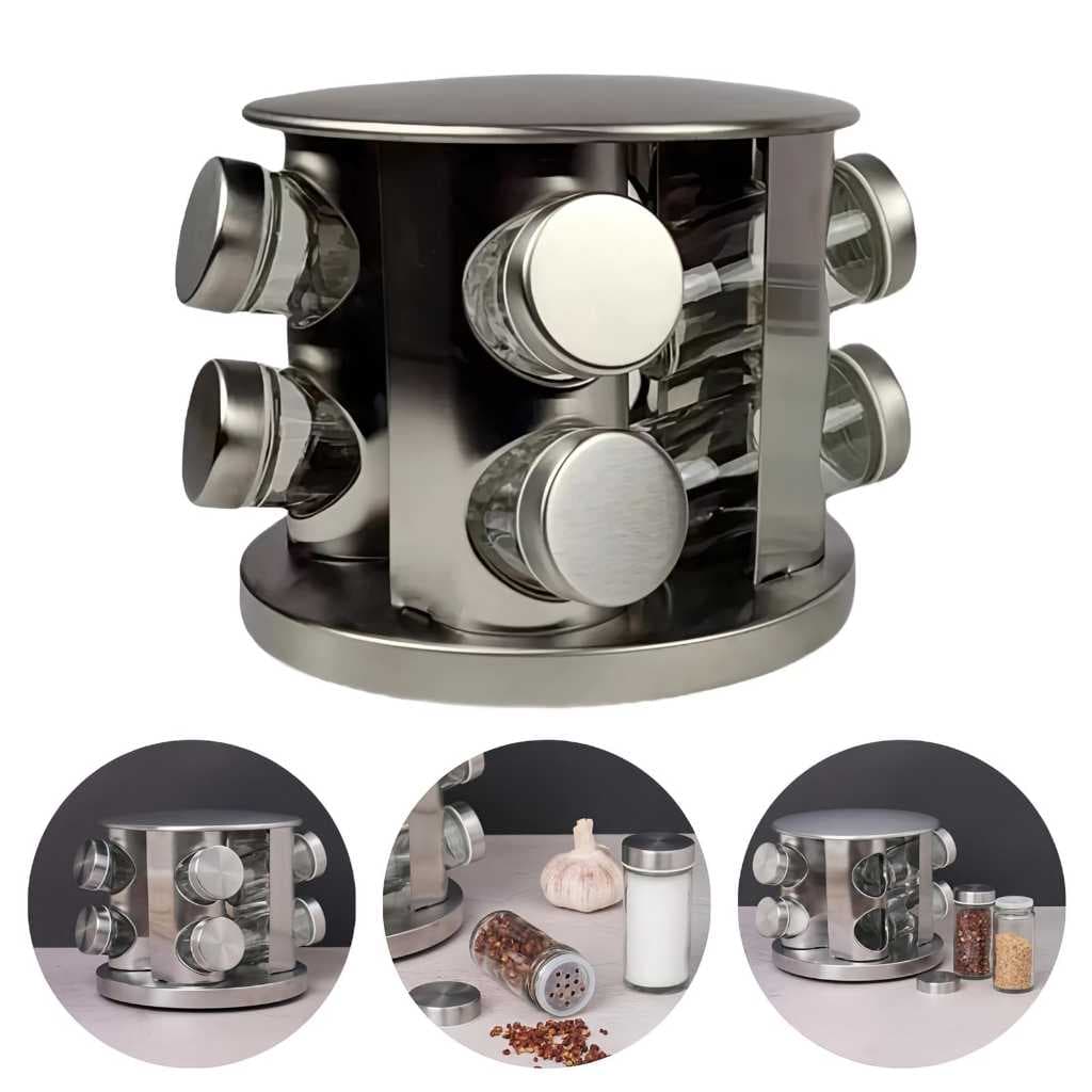 Conjunto Porta Condimentos com Suporte Inox Giratório (8 Peças)