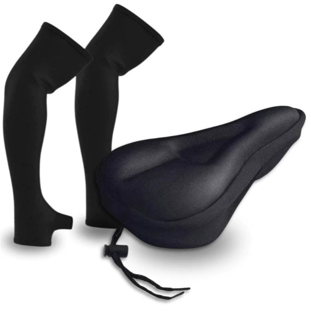 Kit Par de Manguitos Manga Proteção Solar Ciclismo + Capa Para Banco Selim Bike em Gel