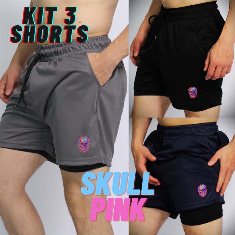Kit 3 Bermudas Masculina 2 em 1 Microfibra Skull Pink