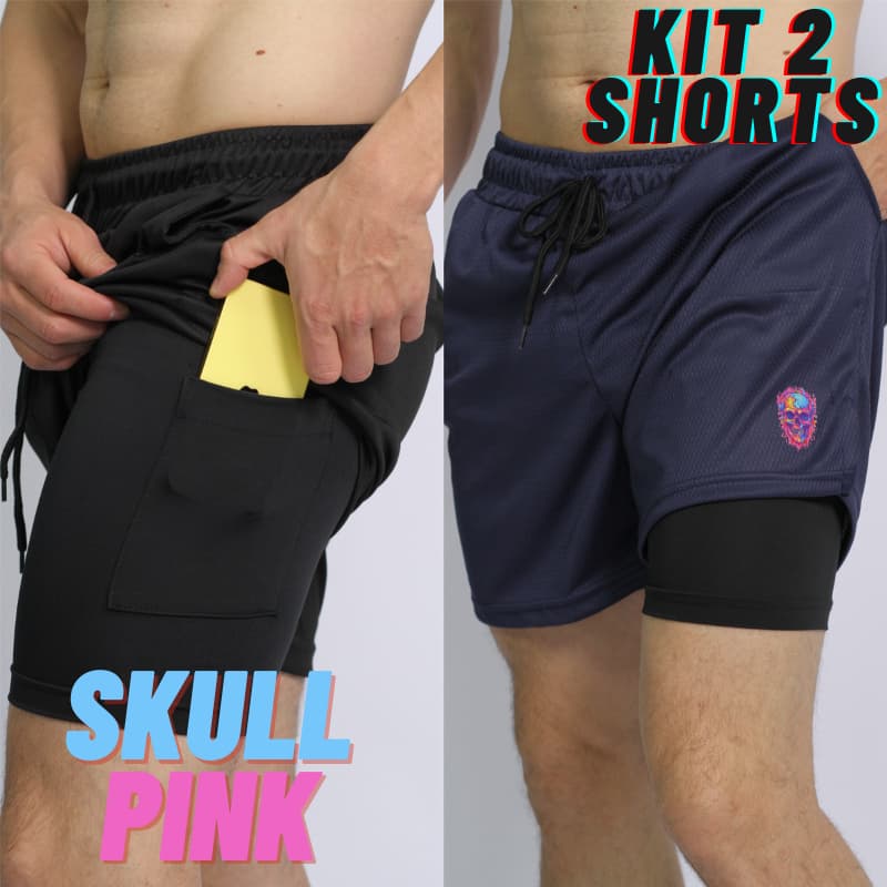 Kit 2 Bermudas Masculinas de Compressão 2 em 1 Skull Pink