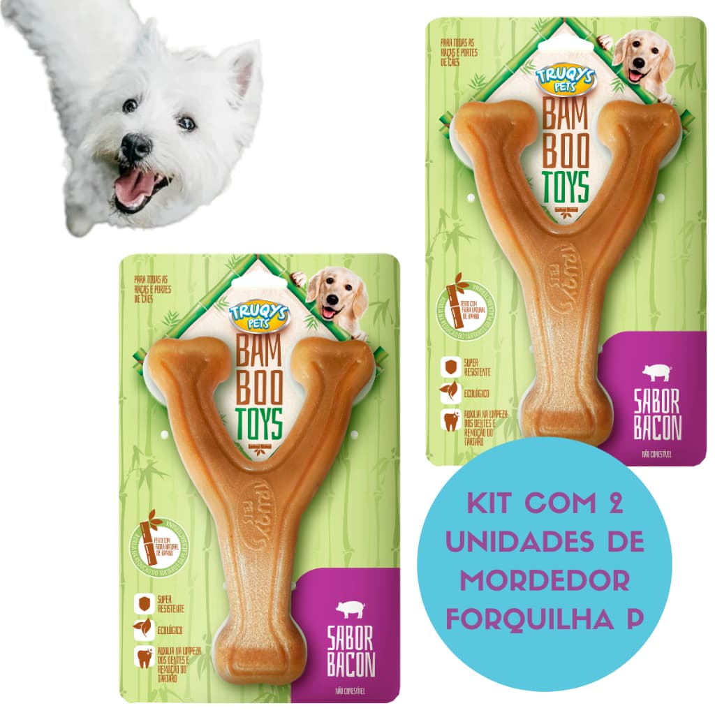 Kit Brinquedo Mordedor Bamboo Toys Truqys 2 Unidades Osso Forquilha P Sabor Bacon Bambu Natural