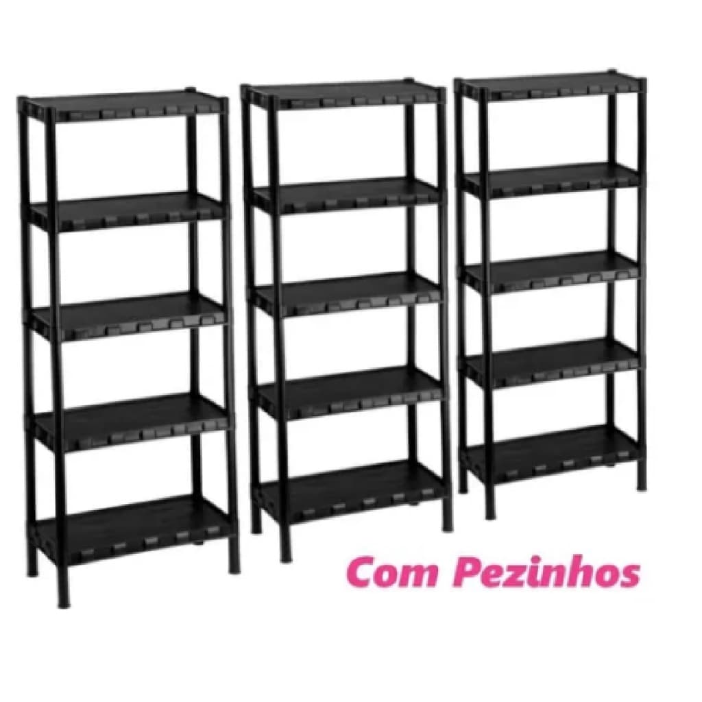 Kit 3 Estante Plástica Modular Preta 5 Prateleiras