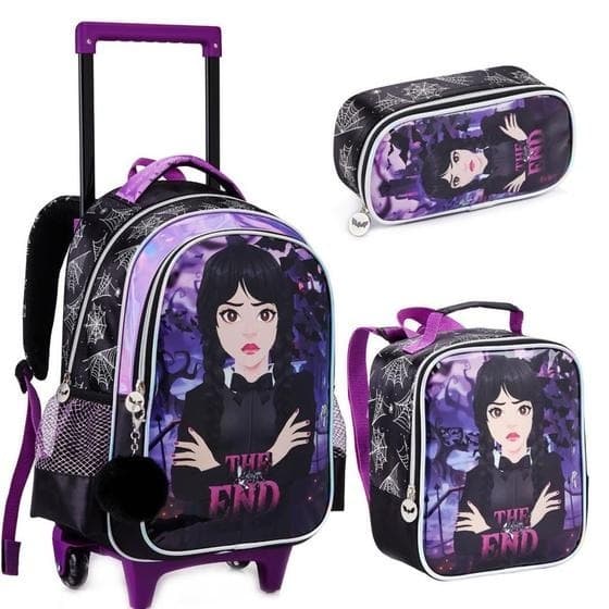 Kit Mochila Escolar Rodinhas Lancheira +Estojo Infantil Menina Wandinha.