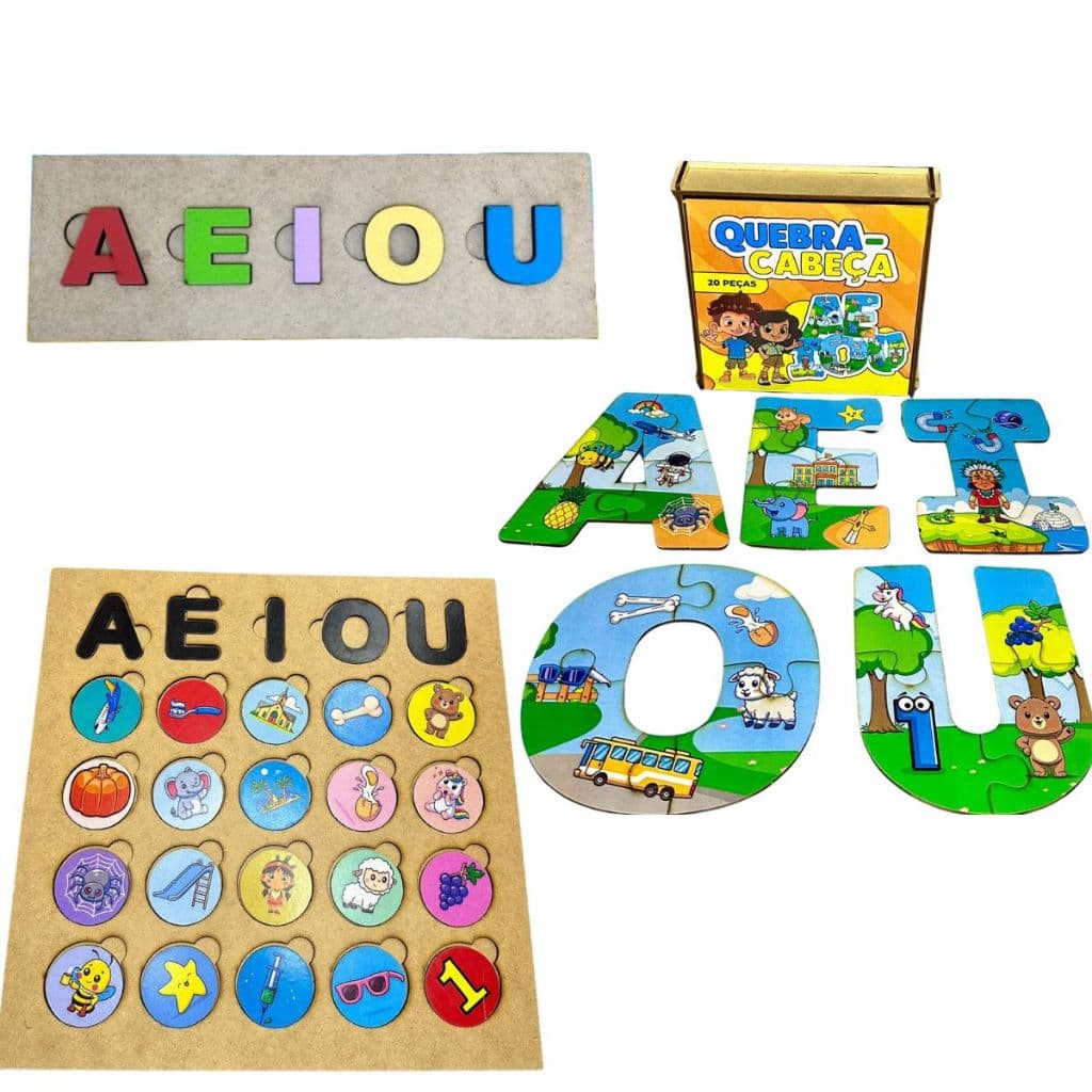 Brinquedo Educativo Tabuleiro Encaixe Quebra-Cabeça Vogais em MDF AEIOU Alfabetização Pedagógico