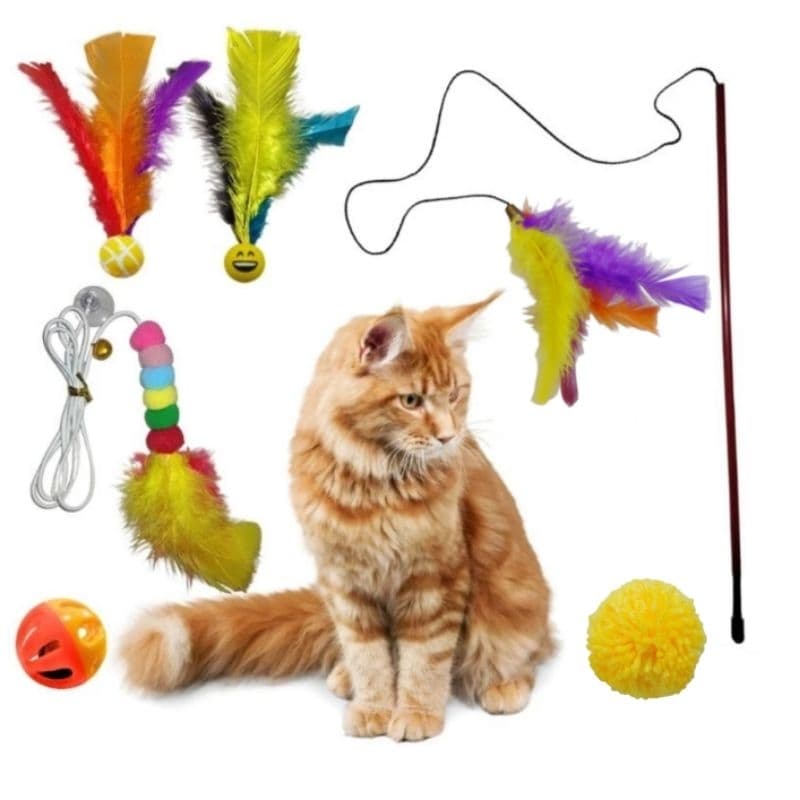 kit com 06pçs Brinquedo para Gato varinha com cobrinha ping penas bolinha e ratinho