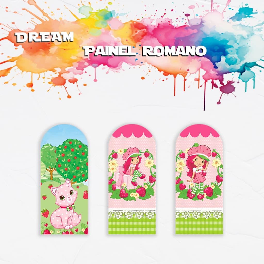 Capa Para Painel Romano Tematico Moranguinho Menina Rosa Decoração Cenario Fotografico Malha 2m x 1m
