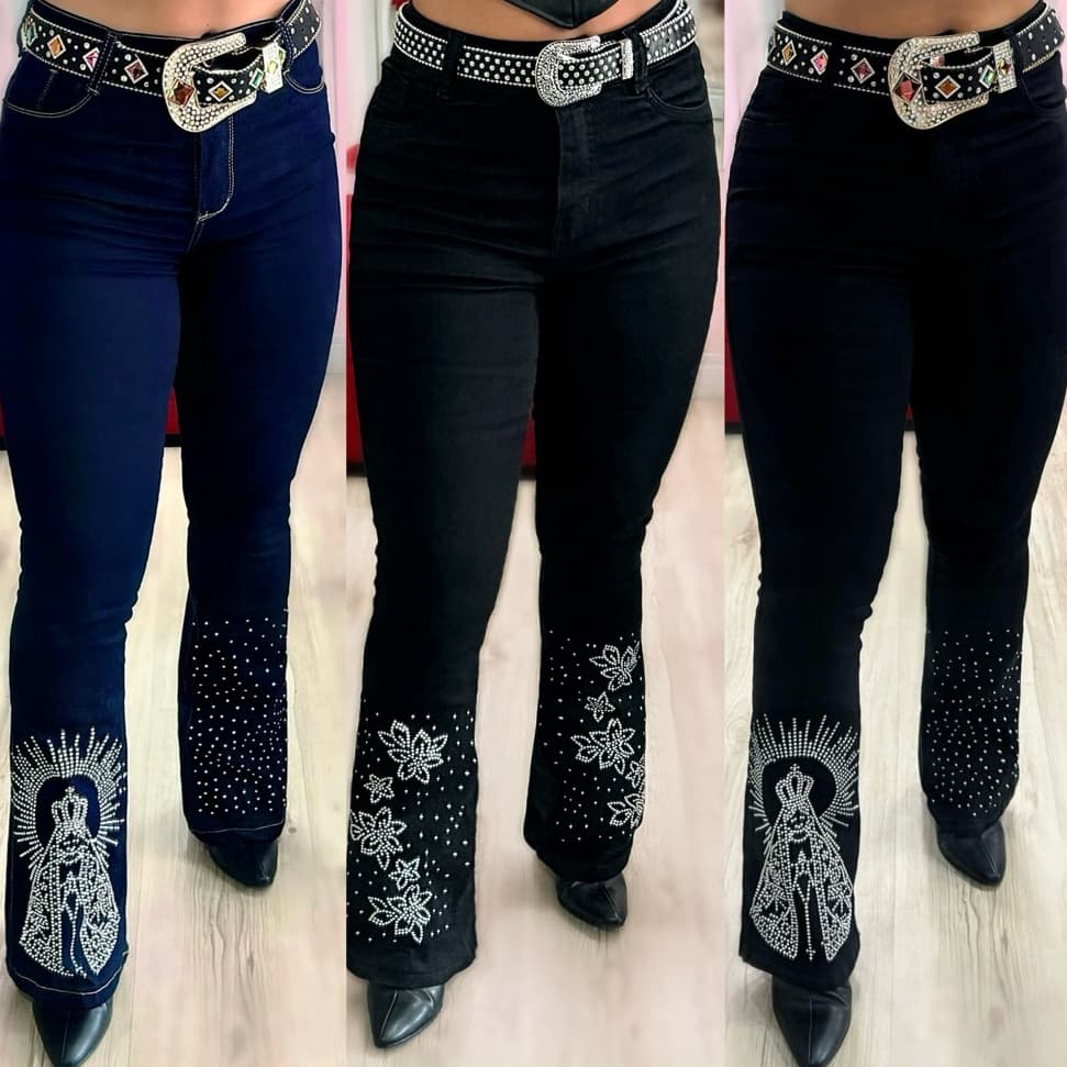 Calça Flare Jeans Feminina Country West Rodeio de Luxo Cintura Alta com Strass