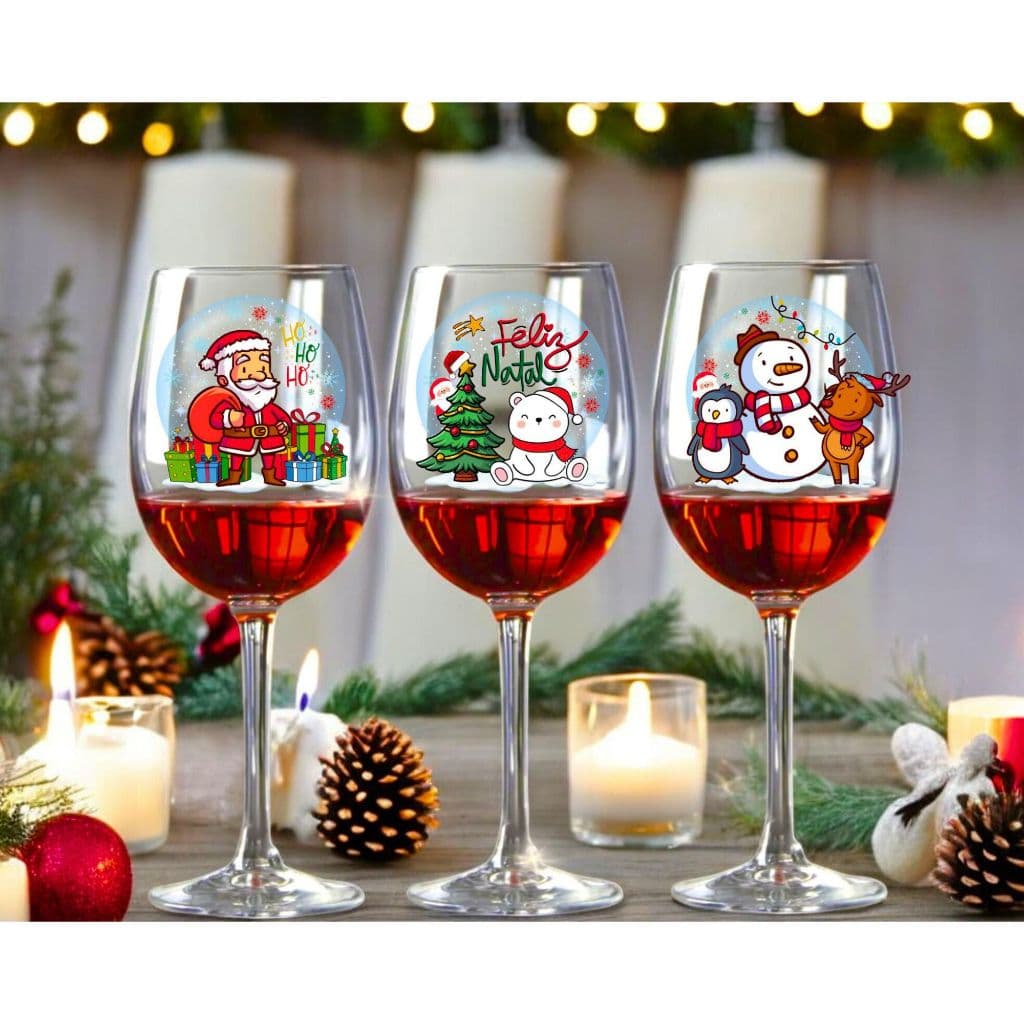 Jogo 3 Taças De Vinho Tinto Branco 465ml Vidro Estampada Árvore Natal Fim De Ano Boneco De Neve Luxo