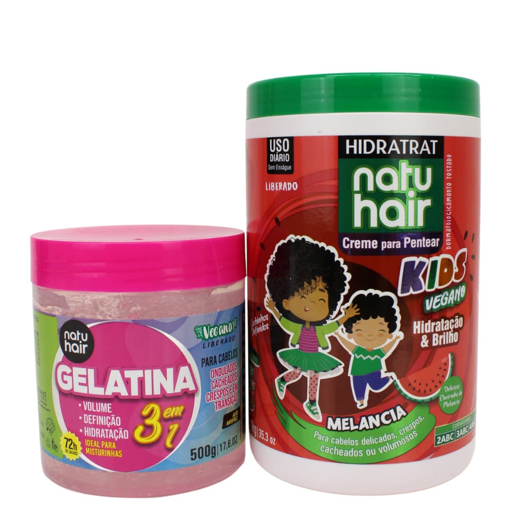 Kit Creme para Pentear Kids Melancia + Gelatina modeladora de cachos 3 em 1 Natuhair 500g