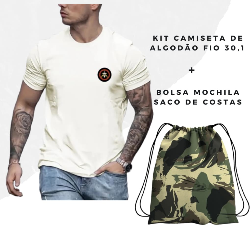 Camiseta BOPE 100% Algodão  Fio 30.1 + Mochila Saco Camuflada Militar- Kit com Modelagem Moderna, Básica e Casual