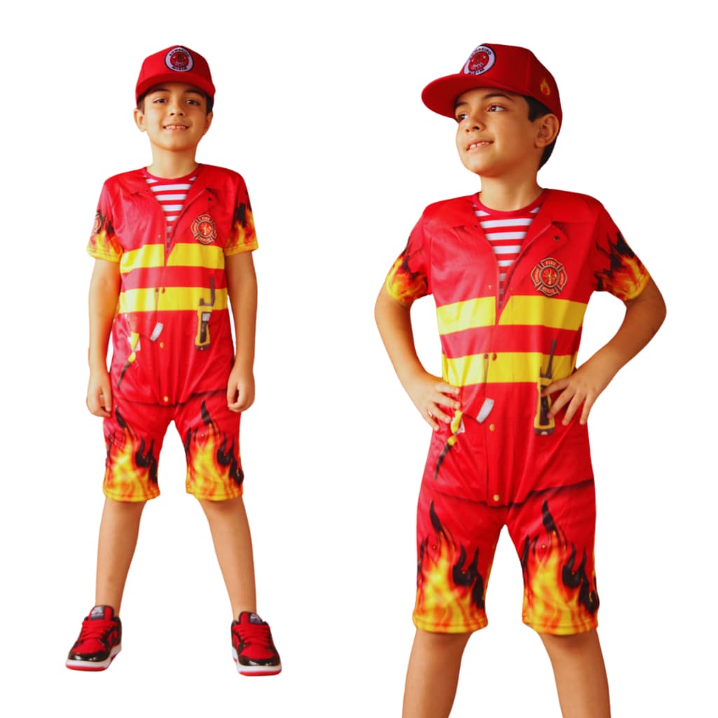 Promoção Fantasia Bombeiro Menino Kit Roupa Macacão + o Boné