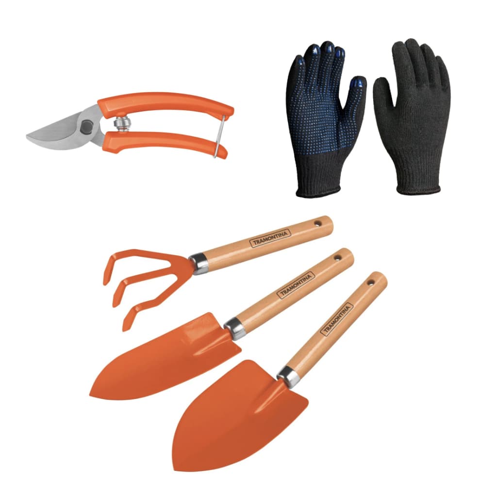 Kit Jardinagem 5 peças Tramontina Tesoura Ancinho Luva  +2 Pá
