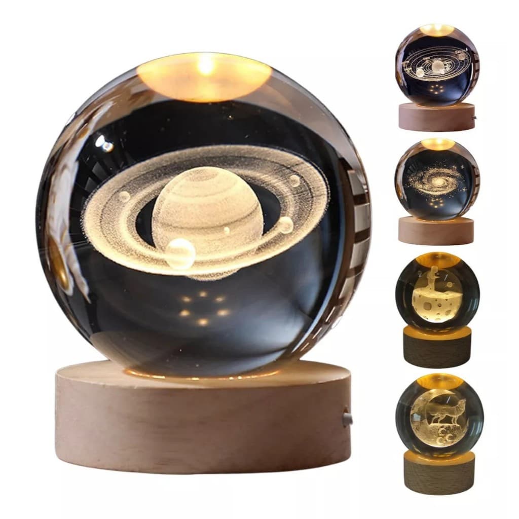 Luminária Bola De Cristal 3d Lua Galáxia Sistema Solar Lua Decoração De Mesa Base Madeira