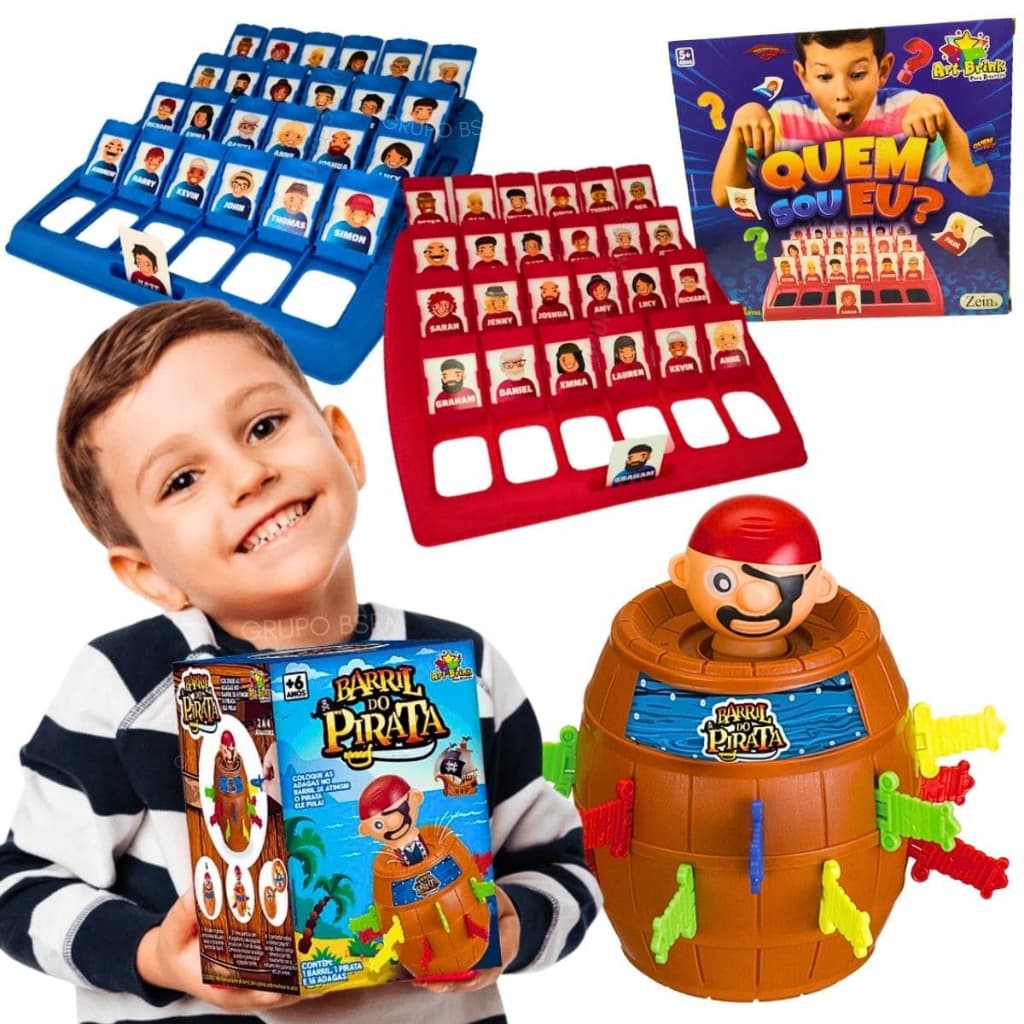 Kit 2 jogos infantis Jogo de Tabuleiro Barril Pula Pirata brinquedo 5 anos Jogo Quem Sou Eu Presente menino menina