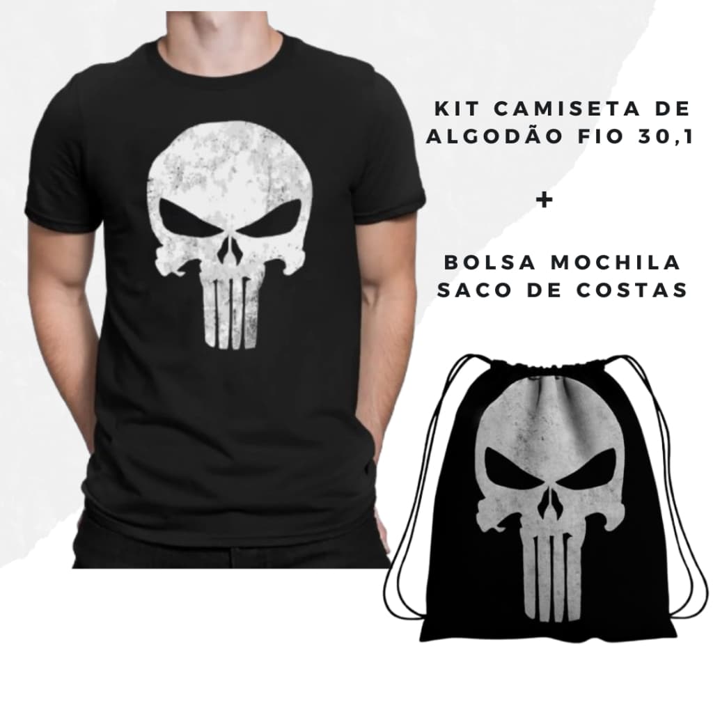 Kit Justiceiro Camiseta Masculina 100% Algodão Penteado + Mochila Saco de Costas - Fio 30.1 Premium Casual Academia