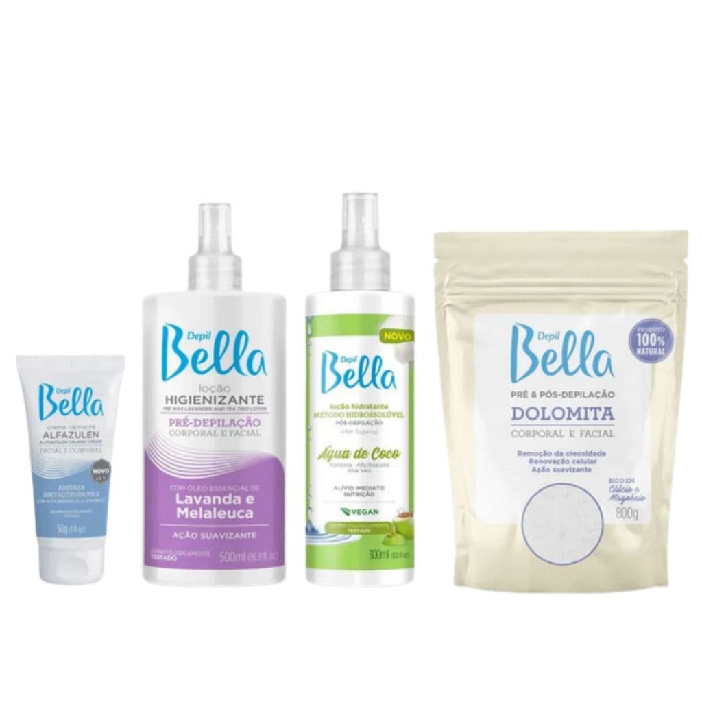 Kit Depil Bella: Loção Pré Lavanda e Melaleuca + Loção Pós Água de Coco + Dolomita + Creme Alfazulen