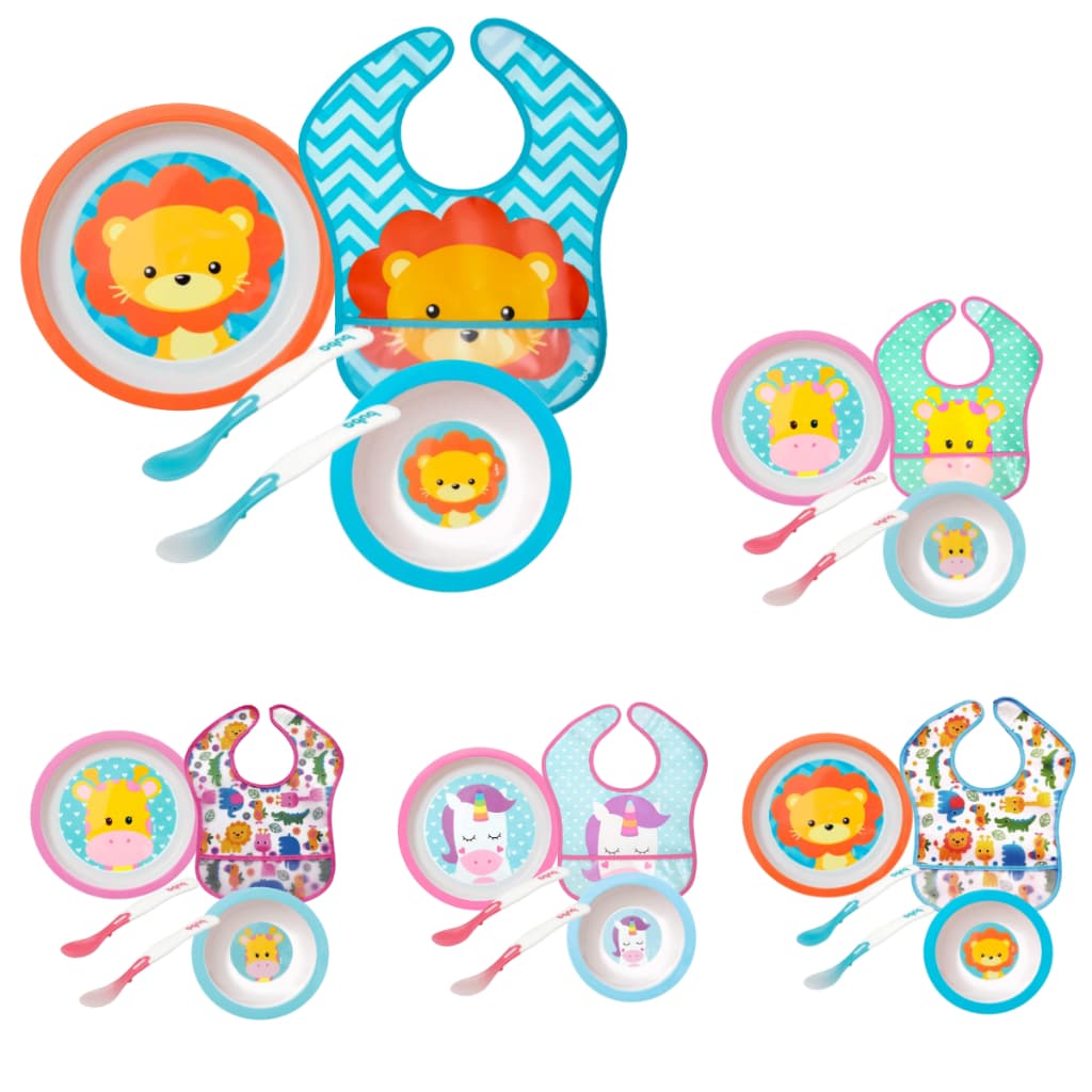 Kit Refeição Bebê Buba Prato Infantil Raso Pratinho Bowl  Babador Impermeável Pega Migalhas Colher Bebê Termossensível