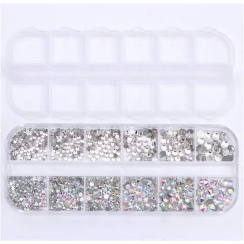12 Estojo Strass Transparente Furta cor com Fundo Plano em Vários Tamanhos para Decoração3Dde Unha Artística / Manicure