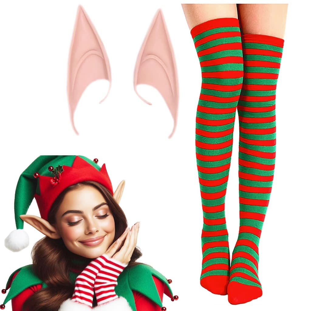 Kit Acessório Fantasia: Meia Longa Listrada 7/8 Duende Natal + Orelha Elfo Fada Cosplay