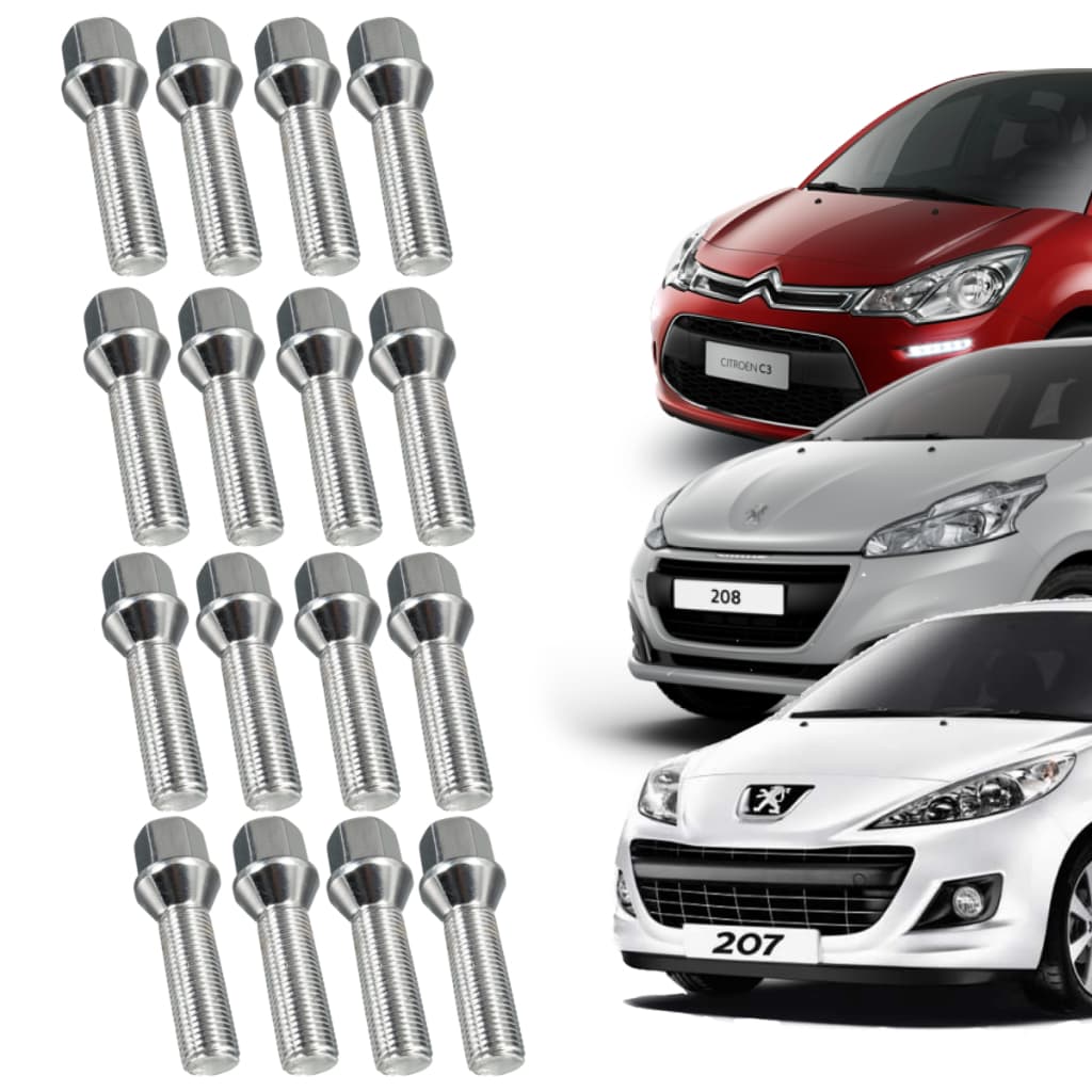 Jogo 16 Parafusos Longo Cromado Roda Peugeot 208 207 Citroen C4 C3 Espaçador