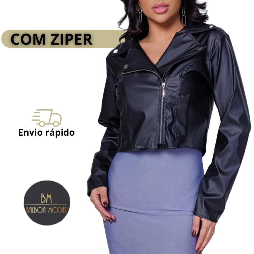 Jaqueta De Couro Preto Com Detalhes Em Zíper