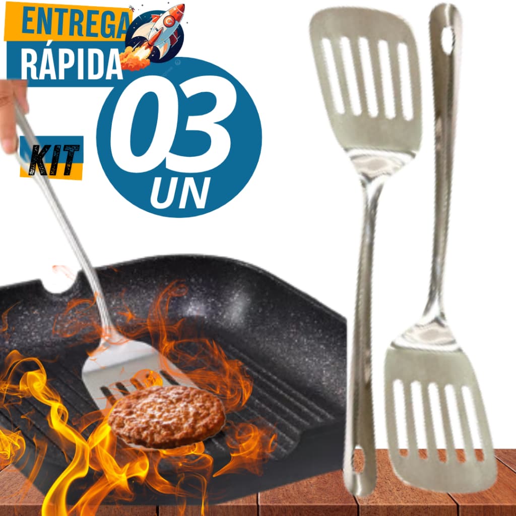 Conjunto 3 Espátulas Vazadas Perfuradas em Inox 21,5cm Grande Casa Cozinha Buffet
