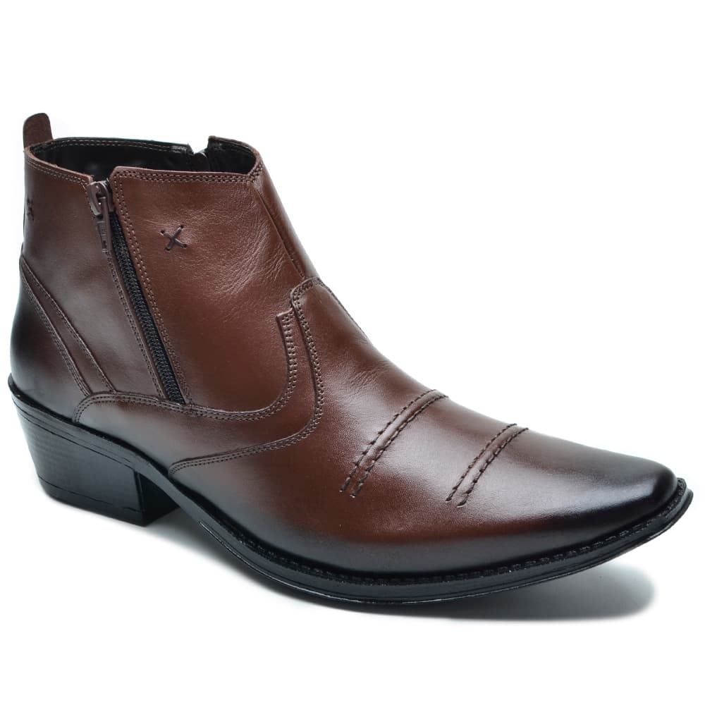 Bota Country Masculina em Couro Natural, Zíper Lateral, Solado de Borracha Costurado, Numeração 37-44, Pronta Entrega