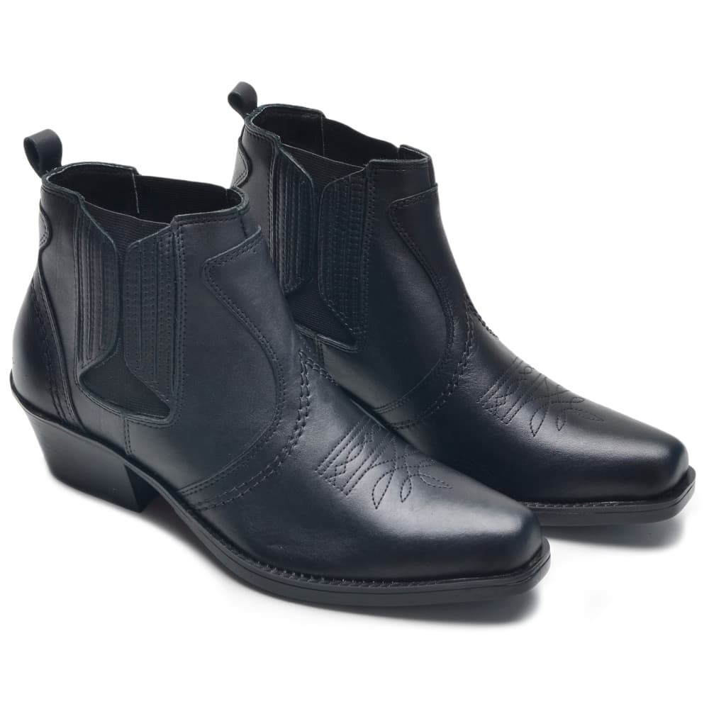 Bota Botina Texana Masculina Preta em Couro Legítimo, Conforto e Durabilidade, Solado Costurado