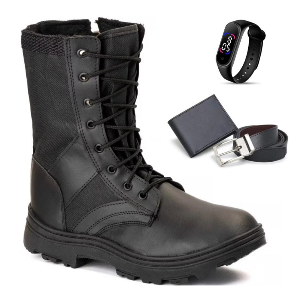Bota Coturno Militar Tática Resistente de Couro Impermeável Resistente Com Zíper Ajustável + Carteira Cinto e Relogio