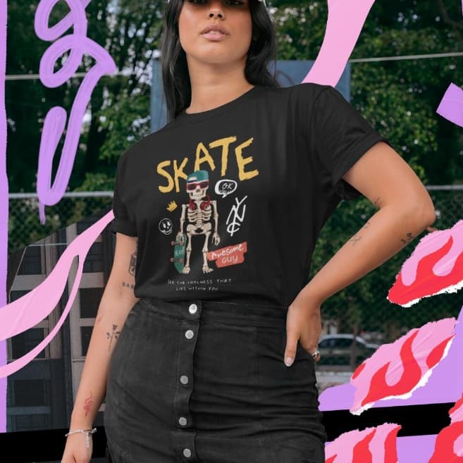 Camiseta basica preta com estampa de caveira e skate. camiseta preta tecido premiun