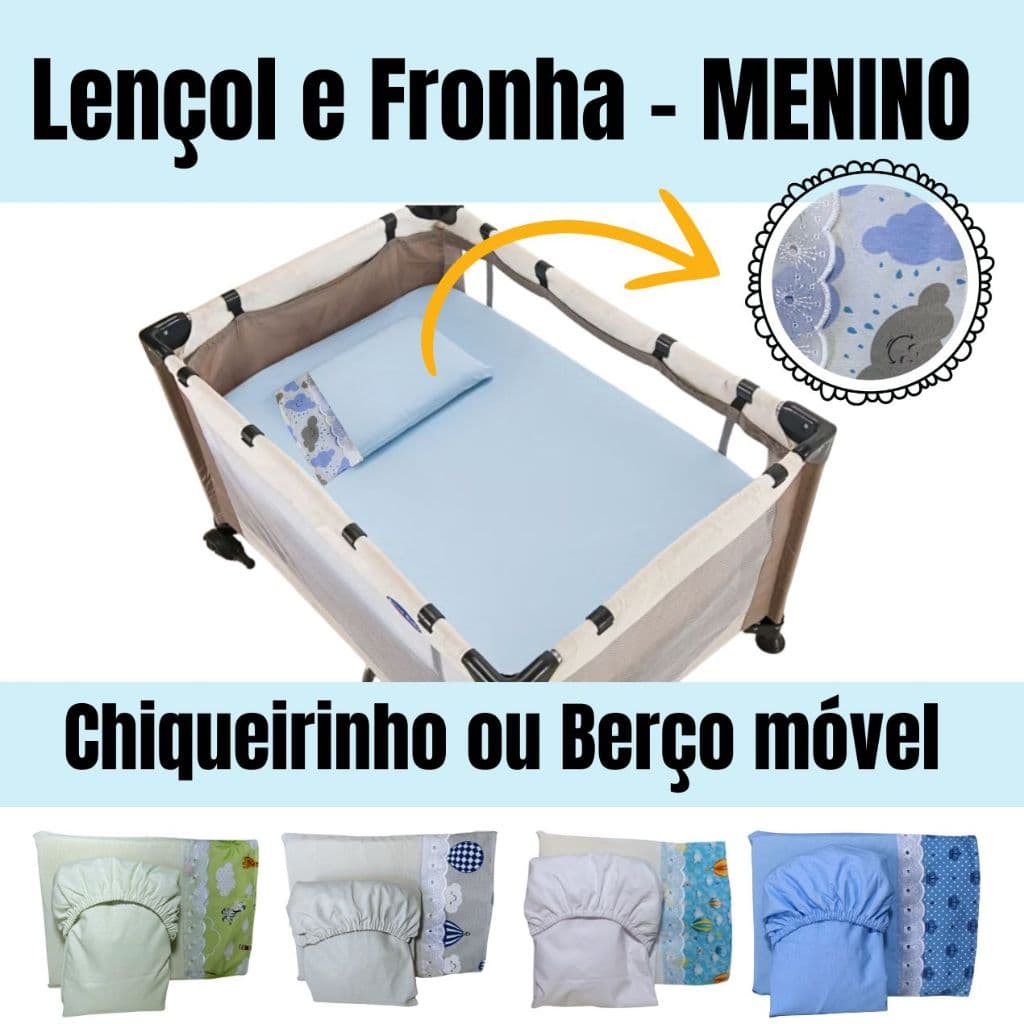 JOGO DE LENÇOL PARA CHIQUEIRINHO OU BERÇO DESMONTAVEL 2 PEÇAS - LENÇOL E FRONHA MENINO