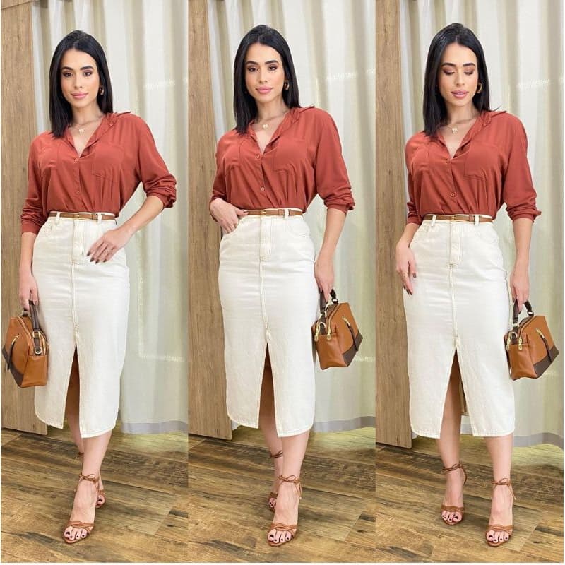 Saía Midi jeans NME,saia jeans, saia Nude, bege , saia com fenda