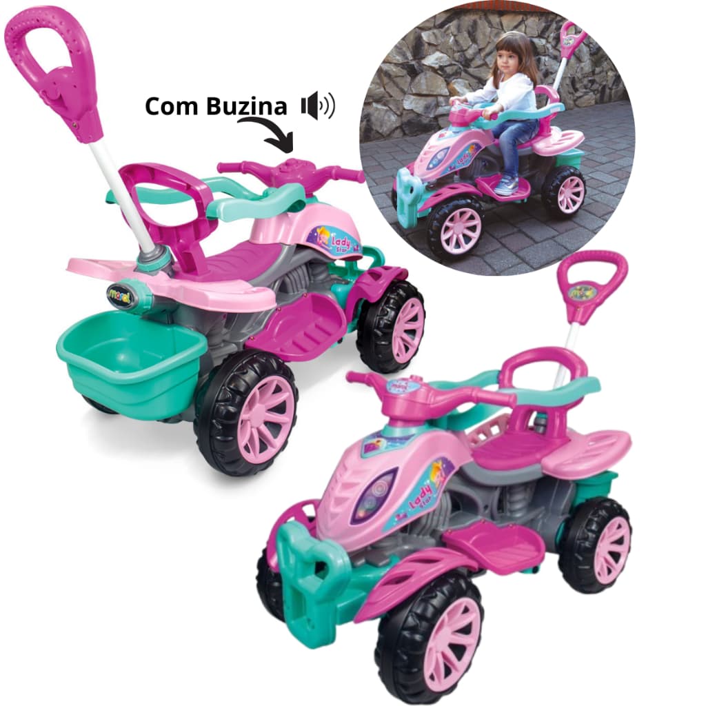Carrinho de Passeio Infantil Pedal Haste Quadriciclo Criança Lady Star Rosa