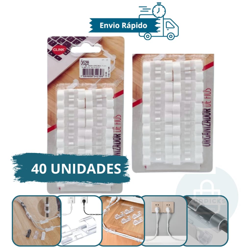 Kit com 40 Clips Fixadores para Organização de Fios e Cabos Fácil Instalação e Alta Fixação